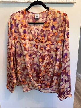CAbi Tuck Top #4718  Long Sleeve Blouse in Purple, Orange & Cream